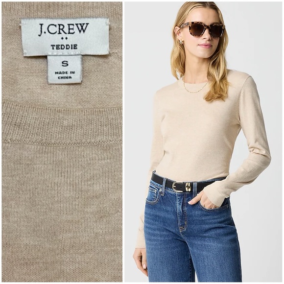 J. Crew Cotton Teddie Crewneck Sweater Light Oatmeal Heather Light Khaki - Picture 1 of 10
